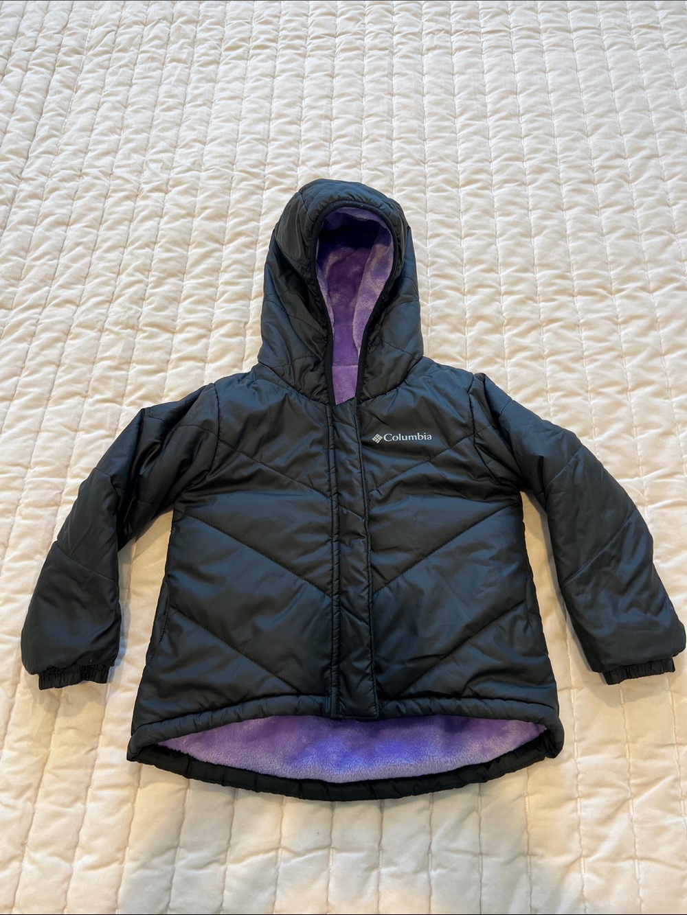 🪻 Columbia Kids Black Puffer (S)  with Purple Fleece Hood REVERSIBLE Jacket 🪻